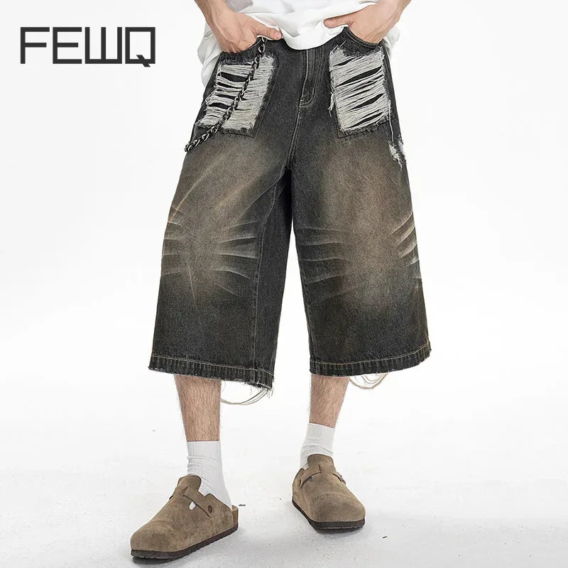 FEWQ Worn Out Wash Cropped Men Shorts Wide Leg Straight Leg Jeans 2024 Vintage Korea Fashion Male Trousers Casual 24E1158