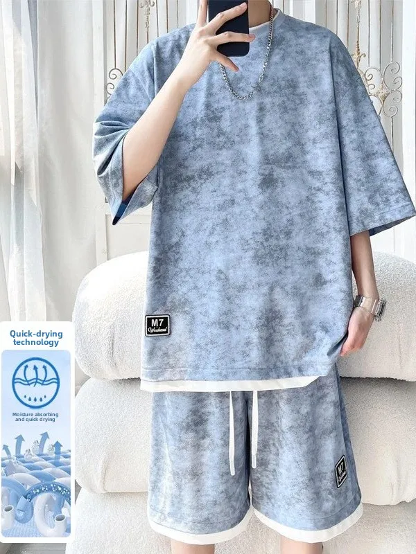 

American Tie Dye ort Sve T-irt Set Men's Trendy Brand Patchwork Color Blo round Ne f Sve Summer Ice Silk o...