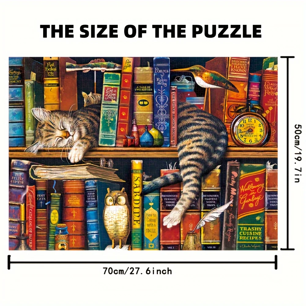 

1000pcs Classic Art Tally Cat Jigsaw Puzzle - 27.6X19.7 inch Renowned Oil Painting Artwork, Adorable Tabby Cat & Bookshelf The