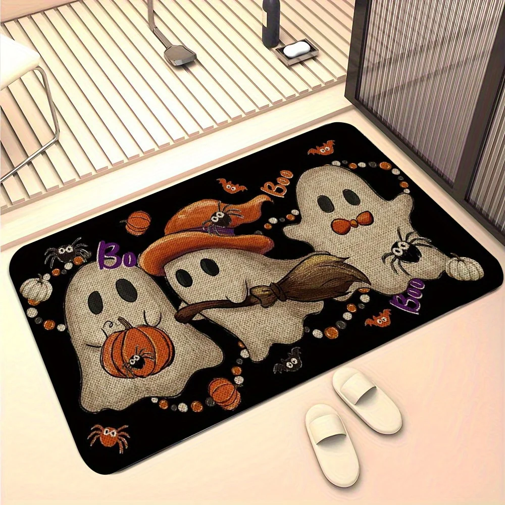 One Piece of a Ghost Pumpkin Doormat for Halloween, Crafted from Soft Flannel, Featuring a Non-Slip Design And Machine Washable. Ideal for Enhancing The Decor