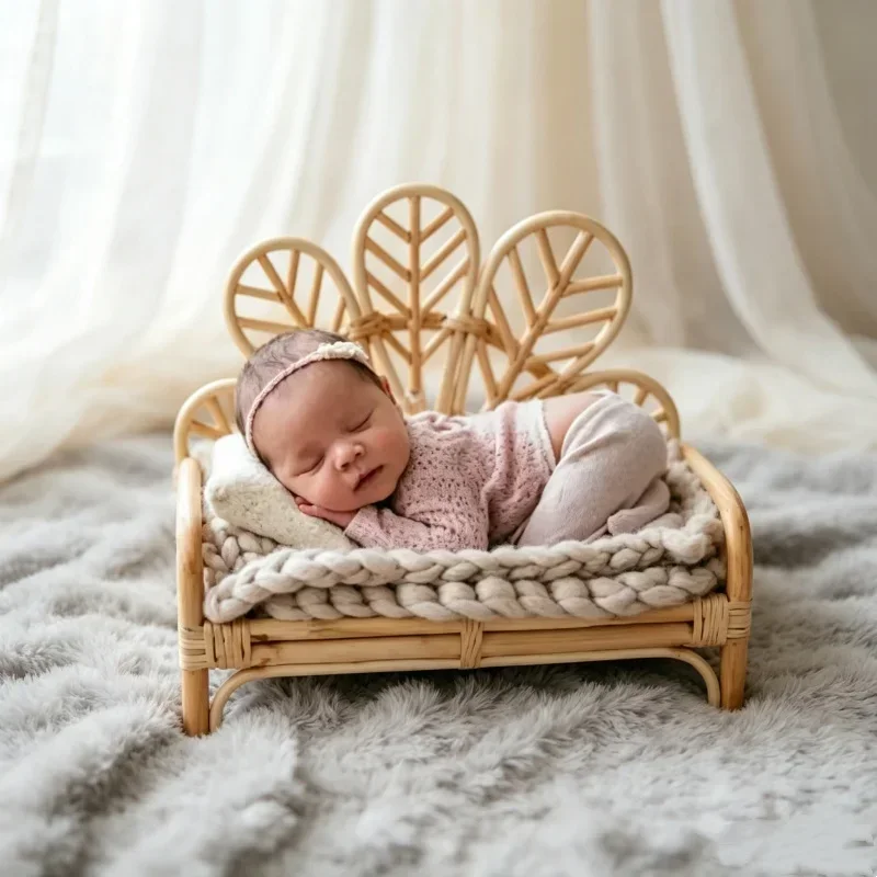 Retro Woven Rattan Posing Couch Handcrafted Frame Indoor Photoshoot Decor Studio Portrait Shooting Scene Arrangement Accessory
