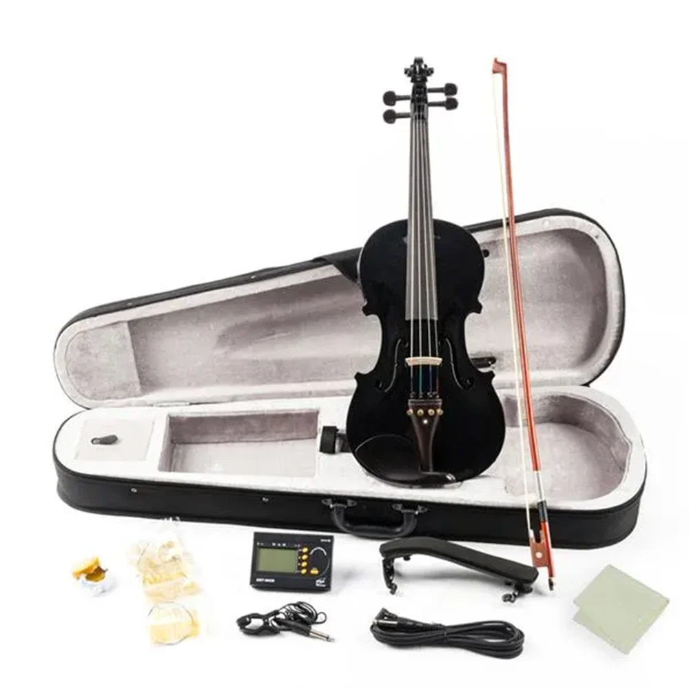 Glarry GV102 4/4 Solid Wood EQ Violin Case Bow Violin Strings Shoulder Rest Electronic Tuner Connecting Wire Cloth Black