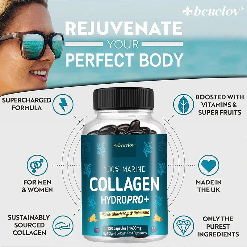 100%Potent Marine Collagen - with Hyaluronic Acid, Biotin & Blueberry -1400mg Hydrolyzed Collagen Supplement Vitamins & Minerals