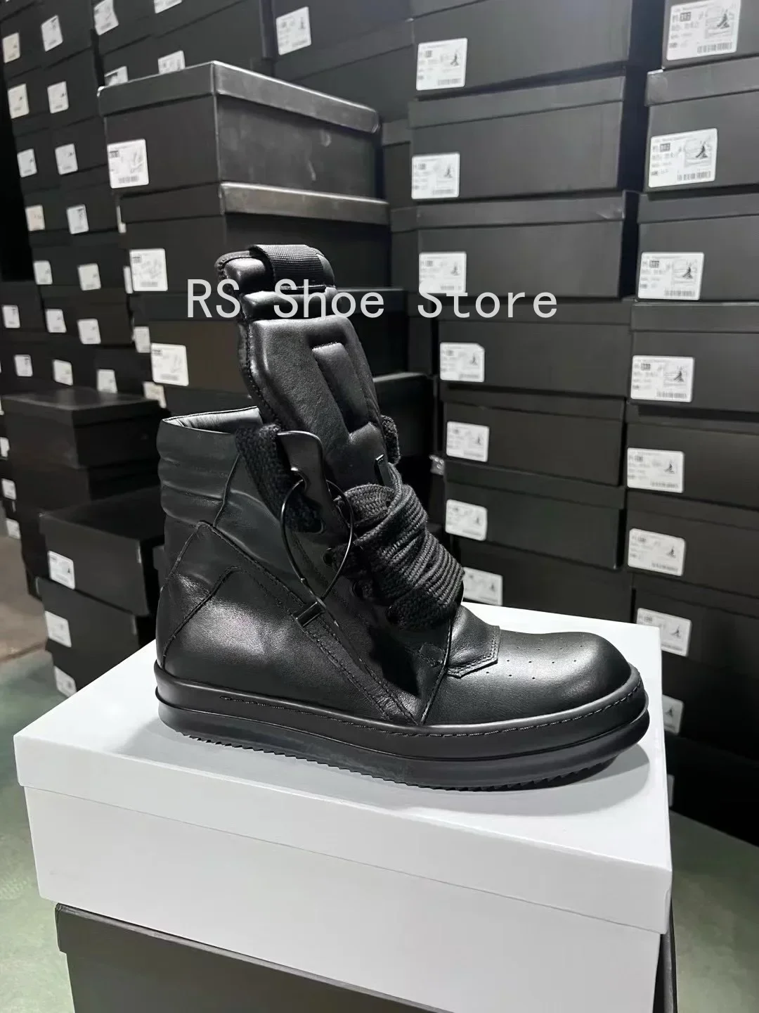 

Ro Men Shoe Full Black Leather Boots High Top Casual Shoes Jumbo Laces Luxury Sneaker Zipper Women Sneakers Suede Ankle Boot