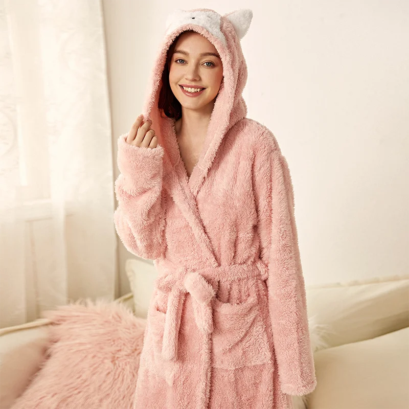 Women\'s Flannel Nightgown Nightdress Winter Thicken Long Sleeve Hooded Robes Soft Comfortable Robe Womens Sleepwear & Loungewear