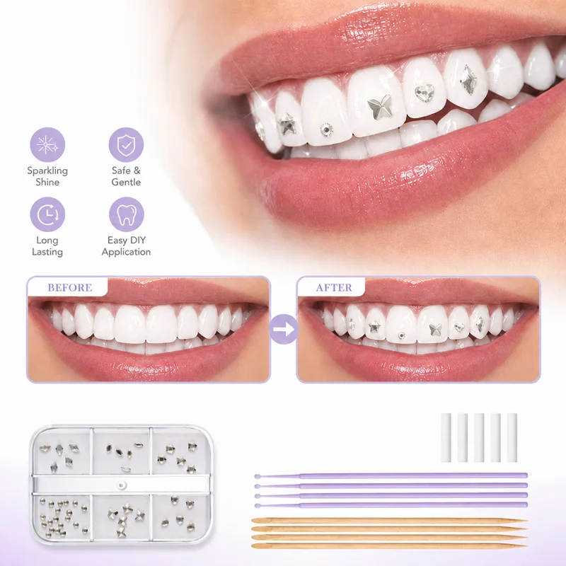 45Pcs Shiny Star Geometric Pattern Tooth Jewelry Set with Box, Cute DIY Tooth Accessory Kit for Beginners, Includes Dotting Tools, Fashionable and Suitable for Daily Use, Parties, Halloween, Tooth Accessories for Women, Gifts (Glue Not Included, Comes with a Gift Box)