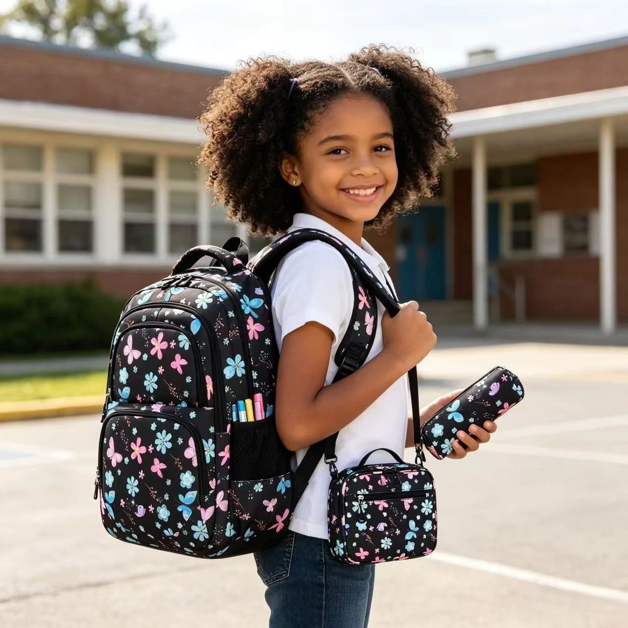 3-Piece Kids School Bag Set Butterfly Flower Print Water Resistant Lightweight Backpack With Insulated Lunch Bag Pencil Case