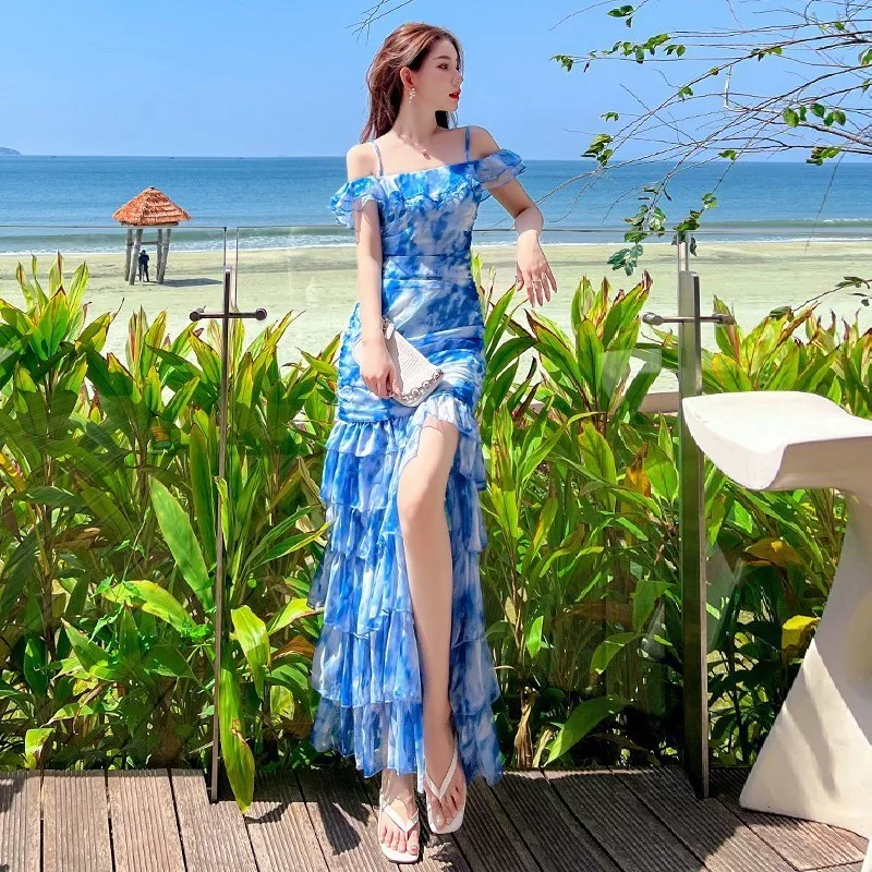 

Sexy Spaghetti Strap Off-shoulder Dresses Women's Slash Neck Slim Waist Slit Long Dress Summer New Beach Casual Holiday Sundress