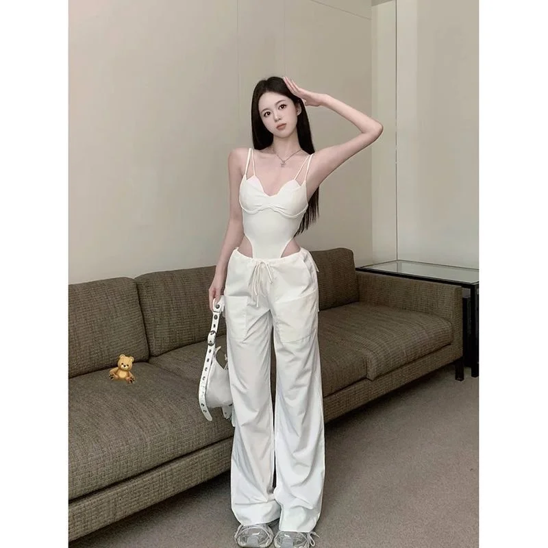 Sexy Splice Color Block Strap Onesie Women's Summer Design Slimming Trendy Versatile Top V-neck Backless High Elasticity Poly...