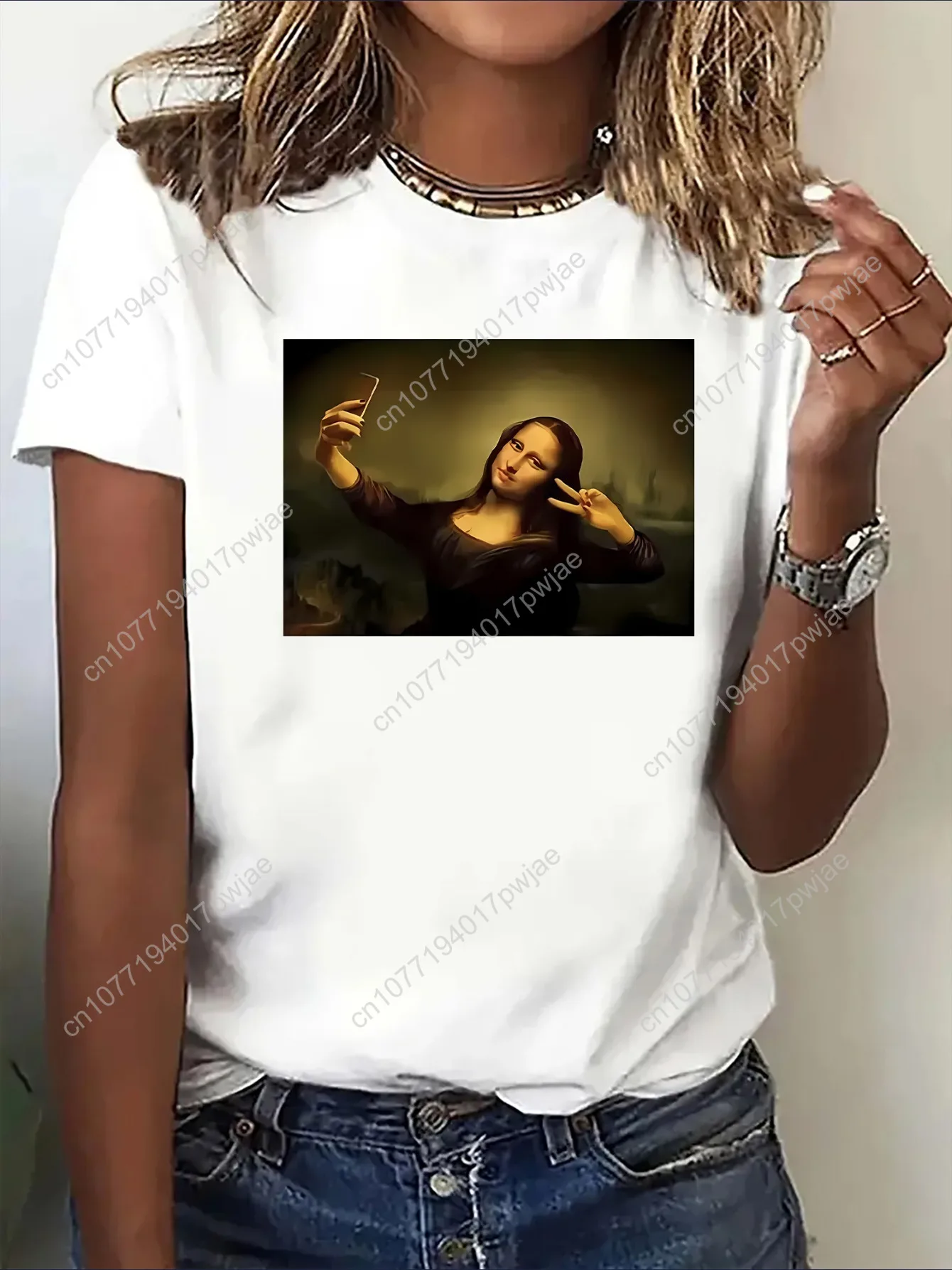 

Women's Casual Short Sleeve T-Shirt with Selfie Mona Lisa Art Print - Stretchy Round Neck Tee Machine Washable & All-Season Com