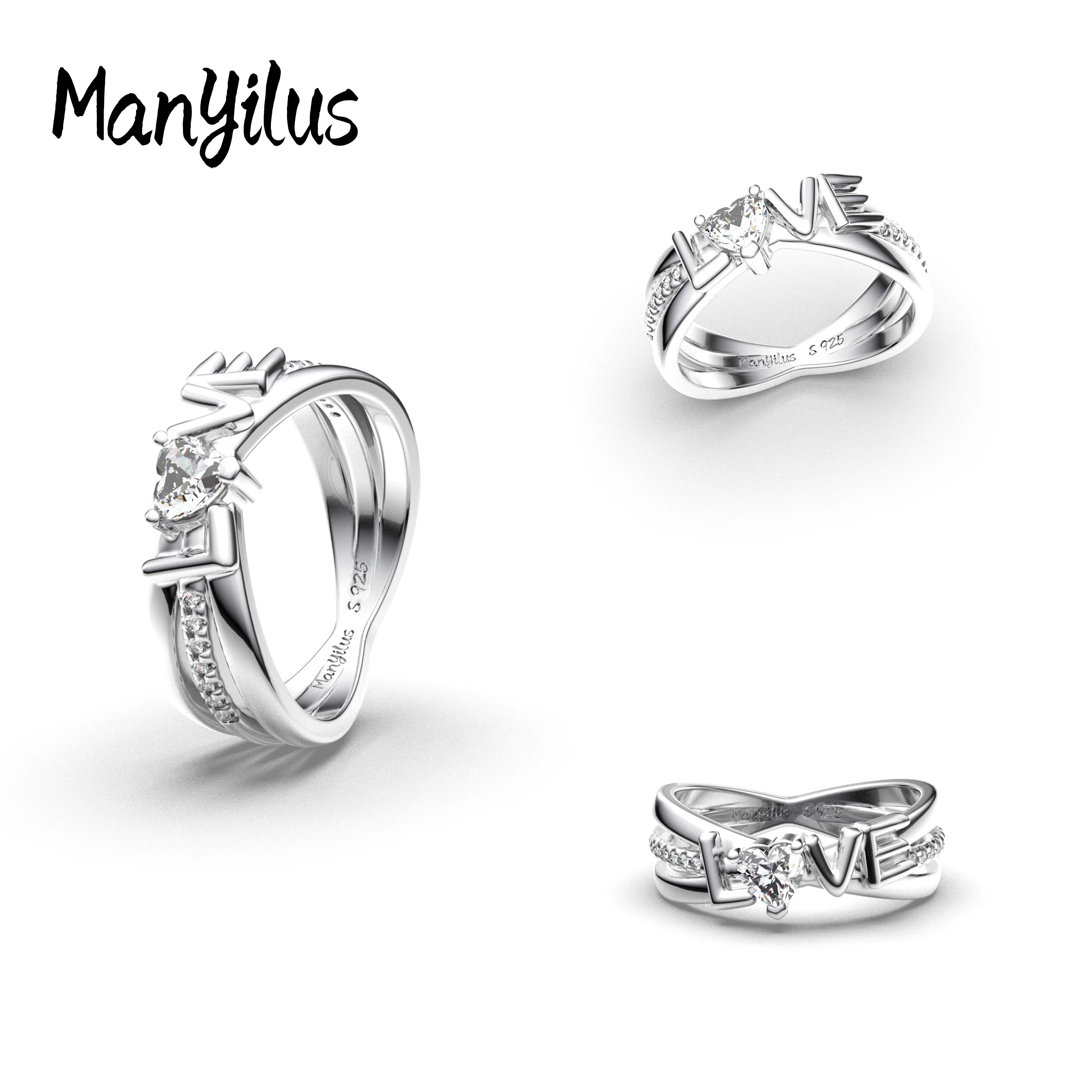 Manyilus 925 Sterling Silver CZ Heart Arrow Split Ring for Women Girls Elegant Design Exquisite Jewelry Gifts