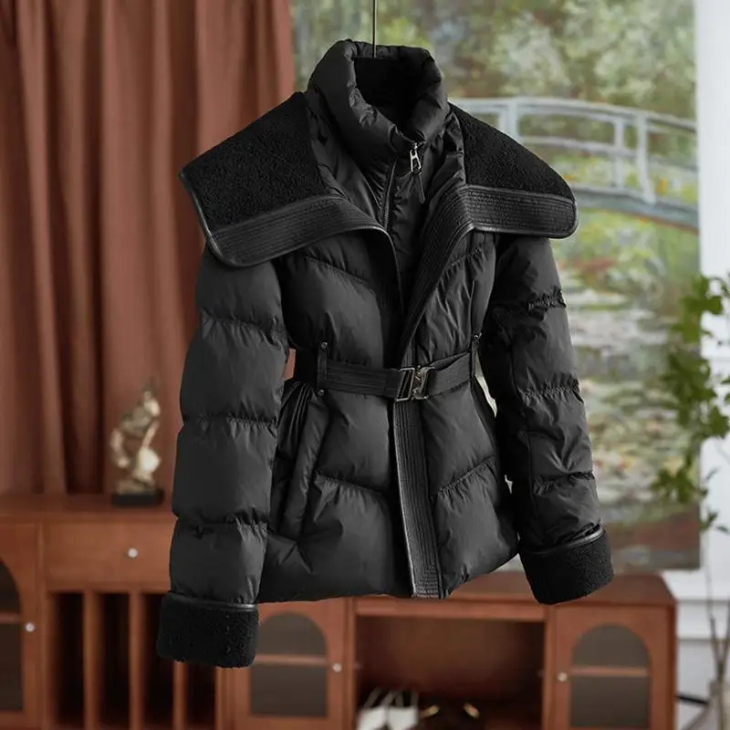 European double-necked down cotton-padded women's short 2025 winter new fashion lamb wool warm casual and thin coat