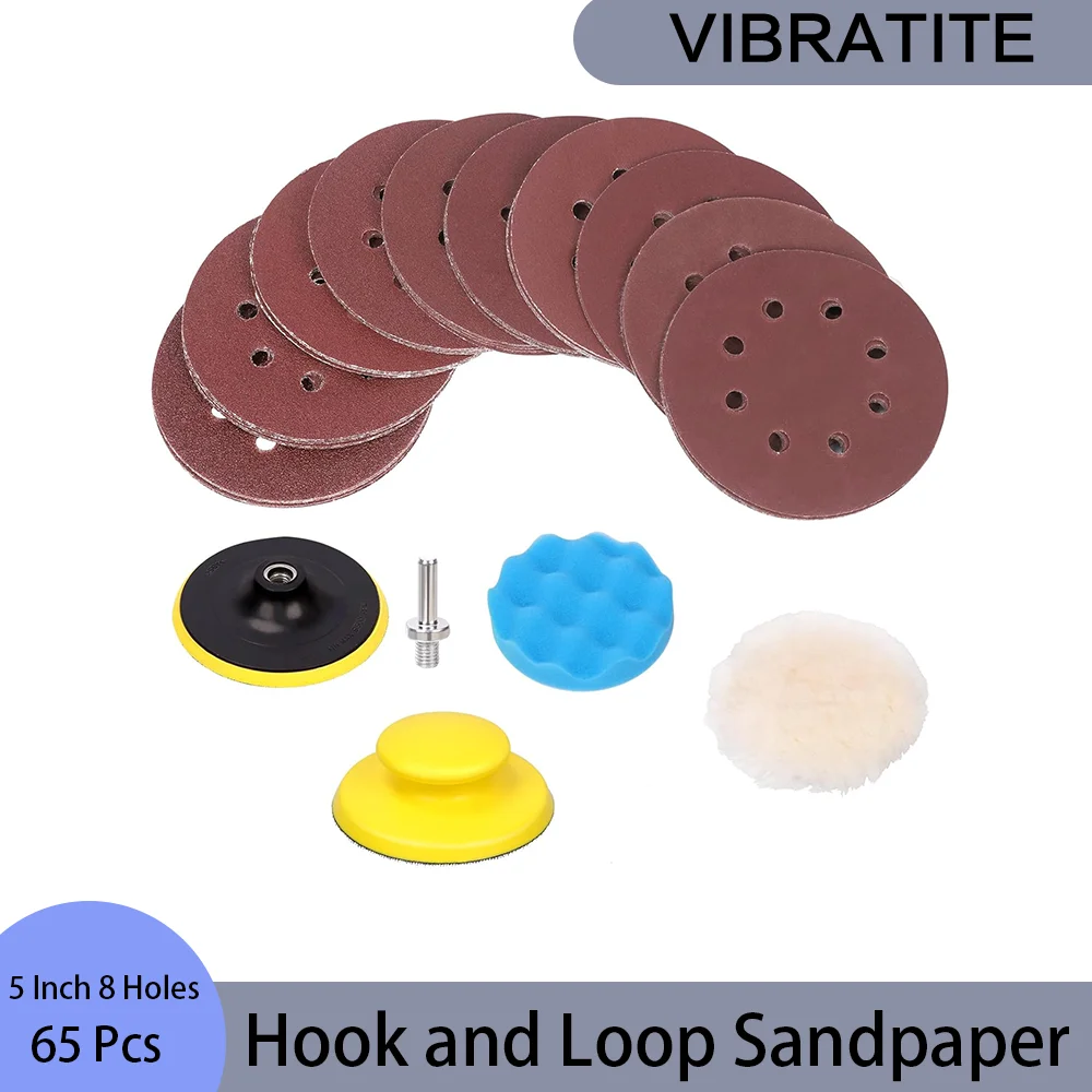 5 Inch 8 Holes Hook and Loop Sandpaper 65 Pcs with Backing Pad Hand Sanding Block Polishing Sponge for Wood Metal Jewelry  ﻿