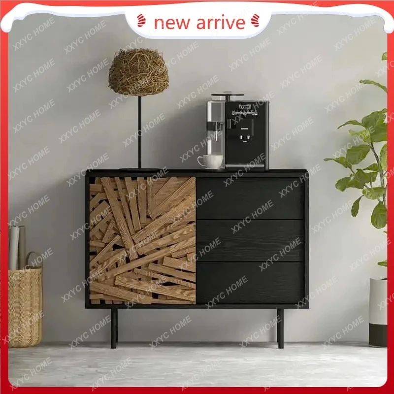 

XZ solid wood porch cabinet, retro black side cabinet, wabi-sandy wind log color storage floor cabinet