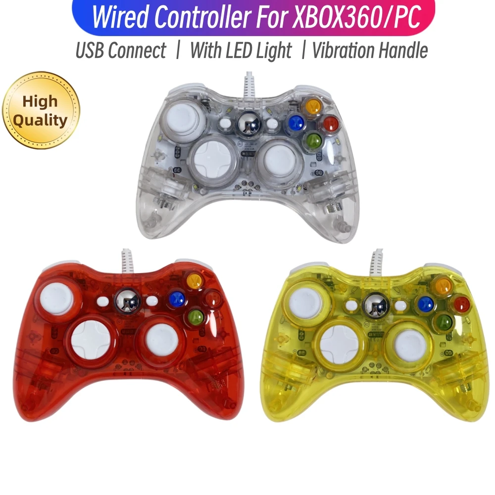 Transparent Gamepads Controller For XBOX 360 Console With LED Light USB Wired Gamepads For Steam PC Computer Laptop Joystick
