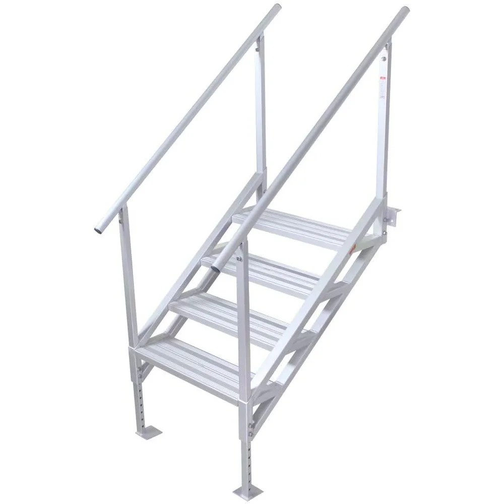 Jumbo-Tread 4-Step Dock Stairs with Railing Durable Aluminum Adjustable Legs 500lb Capacity Traction Strips Kids Pets Adults