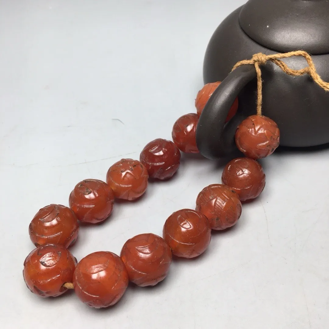 Tibetan Natural Red Old Agate Dzi Carved Sun Moon Star Beads Bracelet S0618