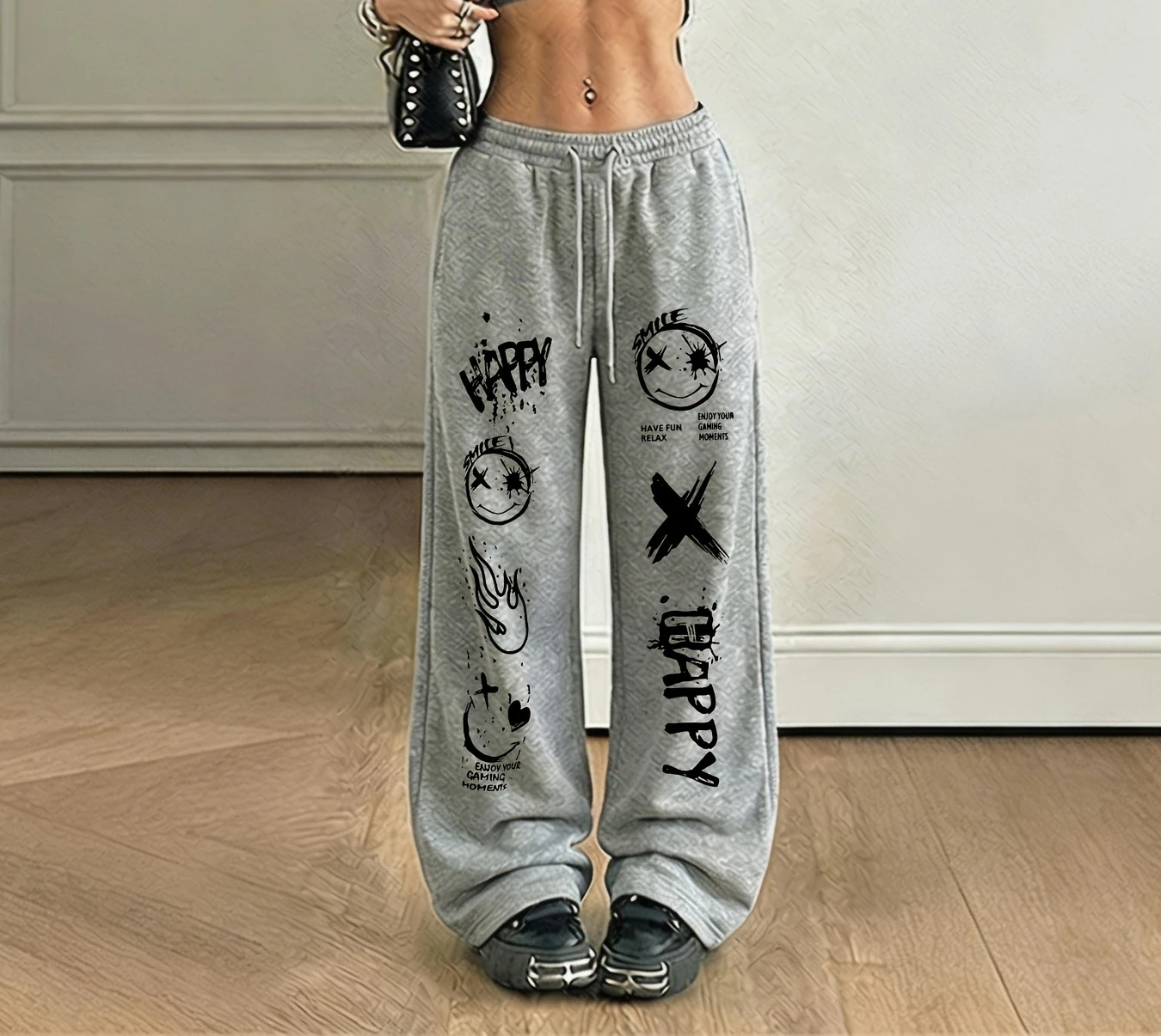 Street Trendy HAPPY Smiling Graffiti Pattern Print, Casual Sports Straight Leg Pants Wide Leg Pants