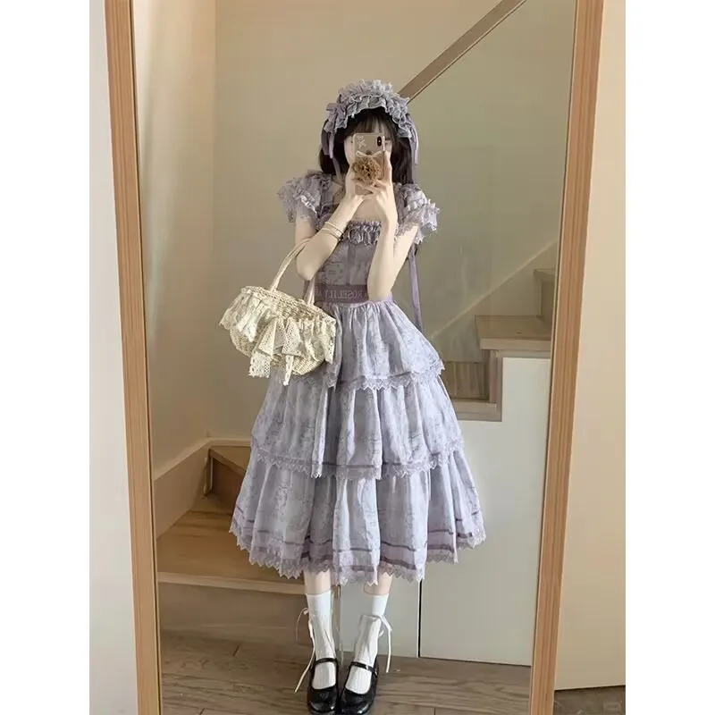 

French Style Princess Sweet Fluffy Skirt Summer Floral New Design Dress Waist Cinching Waist Slim Fluffy Cake Lolita Dresses