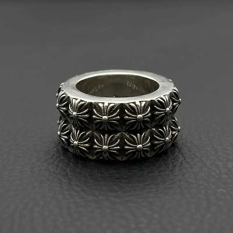 

S925 sterling silver premium retro two-layer cross flower ring European and American niche hip-hop ring domineering
