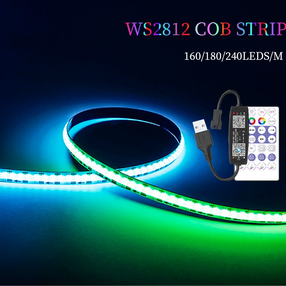 WS2812 COB LED Light Strip 160/180/240leds WS2812B individually addressable Led COB lights whit USB 28keys Music controller Kits