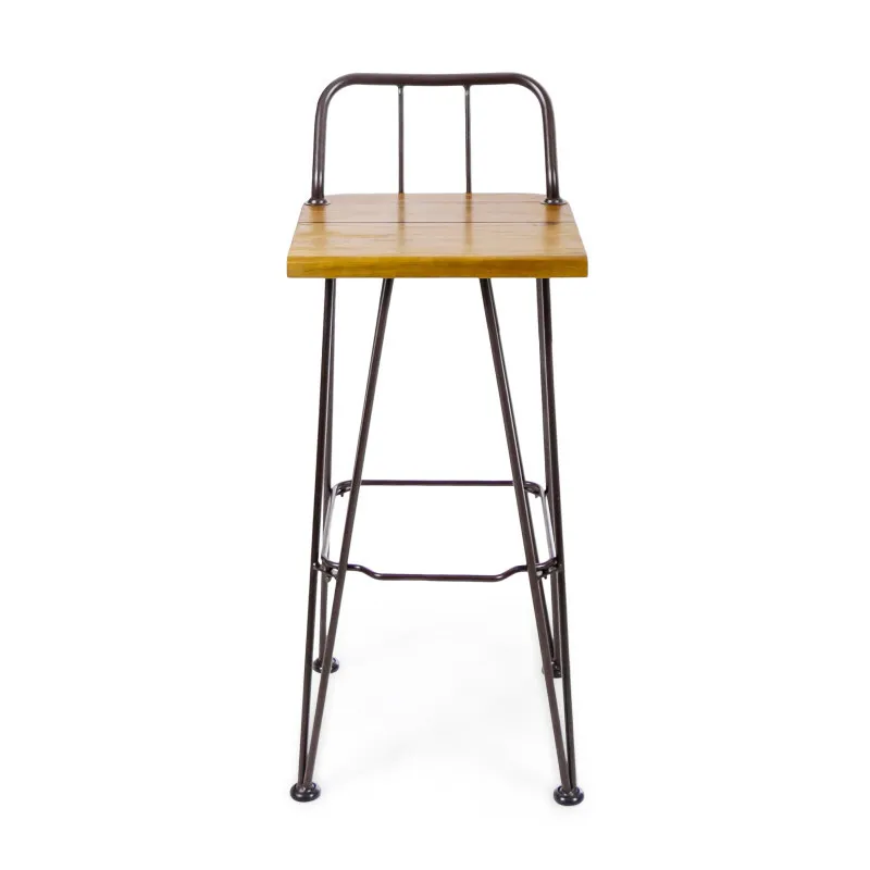 INDUSTIAL WOOD AND METAL BARSTOOL  Angled Legs  With Built-in Footrestcurved   Open Seat  Backslatted Seat