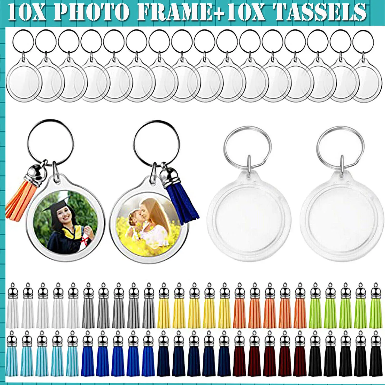 20PCS Acrylic Photo Frame Keychain With Tassels Picture Frame Blanks Keyring Holder for Men Women DIY Projects