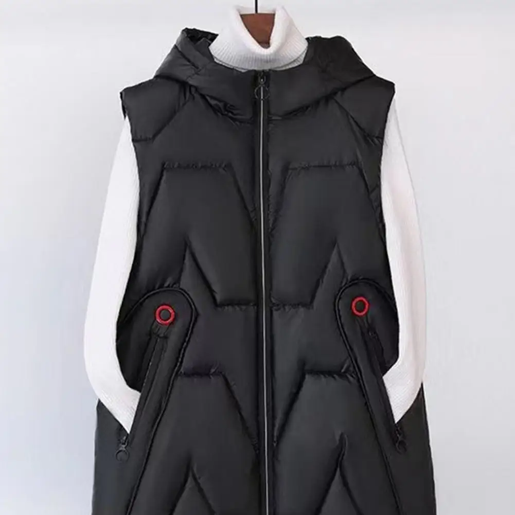 Winter Women Waistcoat Thick Sleeveless Glossy Surface Hooded Coat Mid Length  Zipper Closure Padded Outdoor Coat With Pockets