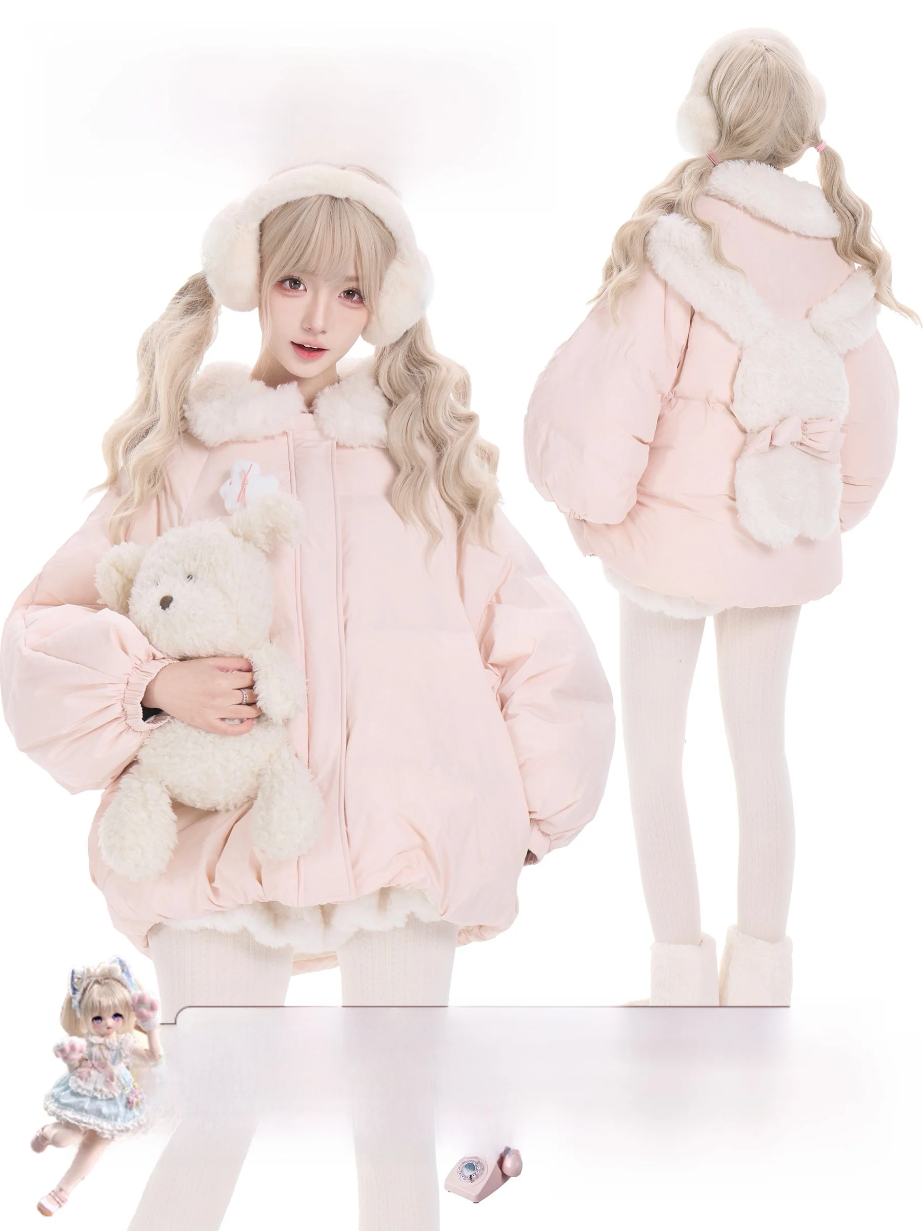 

Pink Fluffy Du down Jaet with Rabbit Pin White Plu orts Two-Piece Set for Young Girls Warm Thiened Winter Outfit