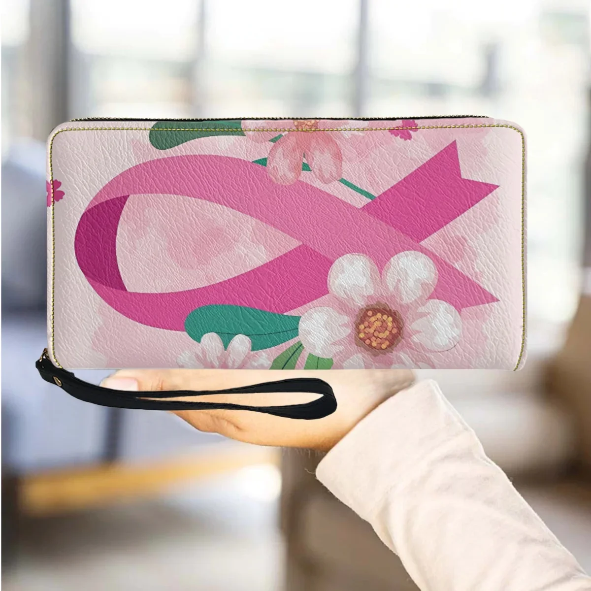 

Breast Cancer Awareness Brand Design Leather Zipper Wallet Multi-Card Organizer Card Holder Travel Party Small Coin Purse Clutch