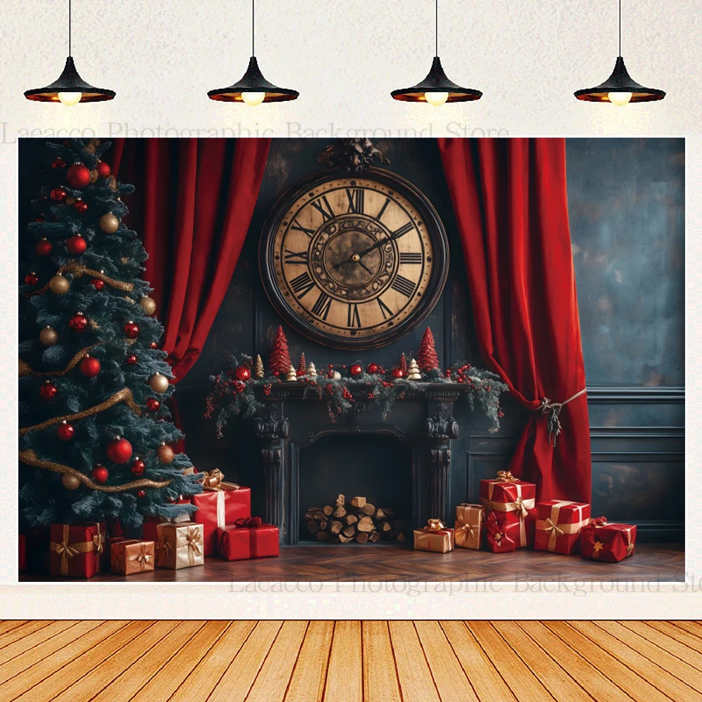 Christmas Red Green Vintage Wall Background Indoor Christmas Tree Clock Baby Child Portrait New Year Party Photography Backdrop