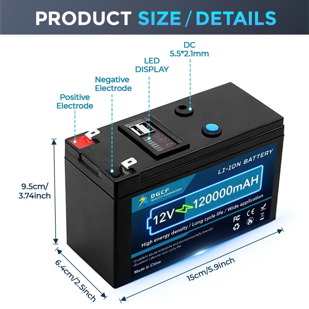 2024 Upgraded 18650 Lithium Battery 12V 120Ah Portable Rechargeable Battery Built-in 5V 2.1A USB Power Display Port Charging