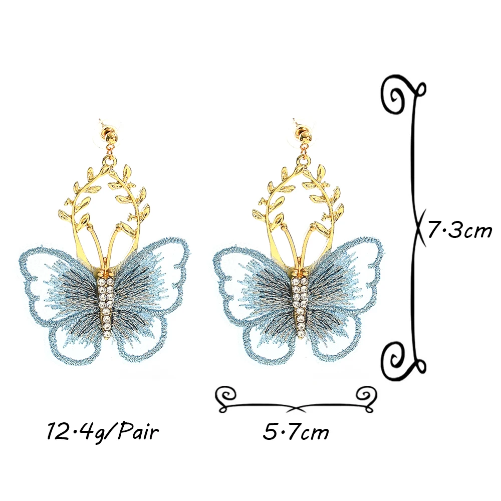 Sweet Metal Lace Gauze Butterfly Drop Earring for Women Girls Elegant Insect Mesh Crystal Butterfly Earrings Jewelry Party Gift