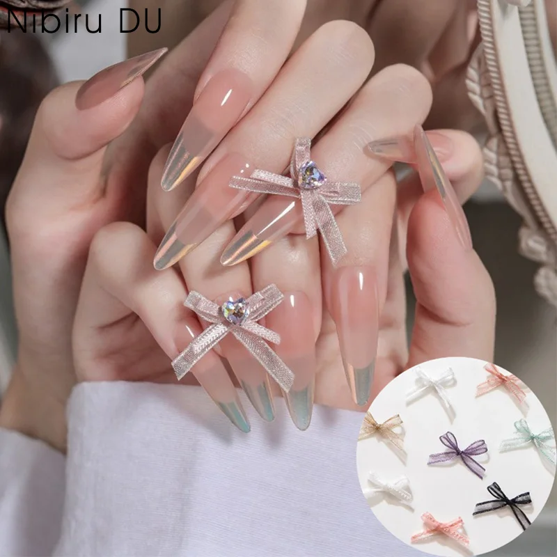 10pcs/lot Nail Bow Charms 3D Organza Bows Double-layer Lace Streamers Nail Rhinestone Charms DIY Nail Accessorie