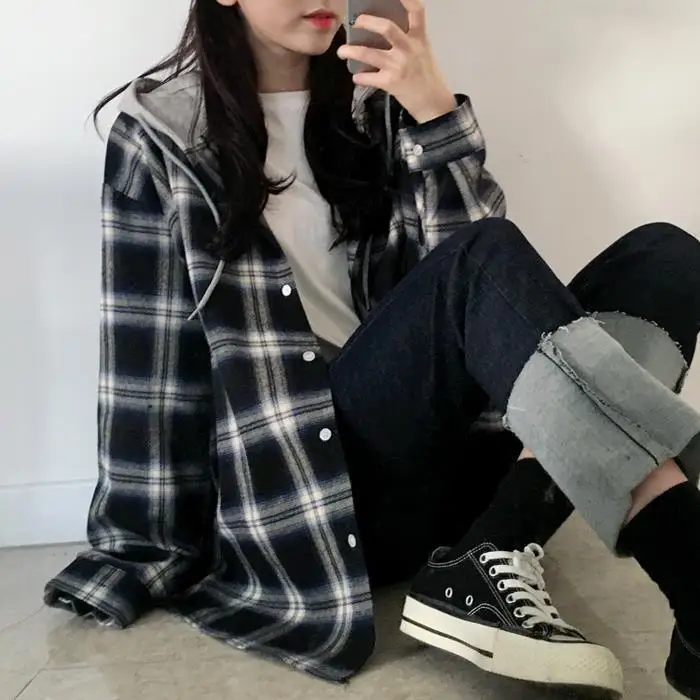 

Basic Jackets Women Long Sleeve Plaid Hooded Lace-up Patchwork Womens Outwear Preppy-style Students Ulzzang Casual BF Fashion