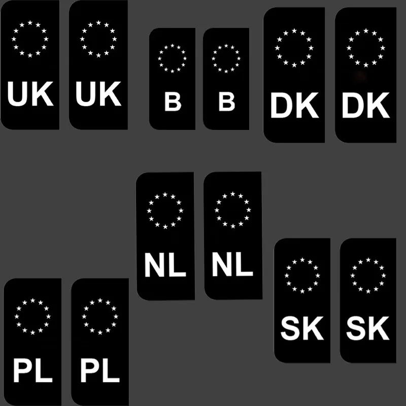 Black EU License Plate Country Code Stickers 2Pcs Vinyl Film Decals DE GB NL PL DK CZ SK Fit Car Trailer Caravan Bus Plates