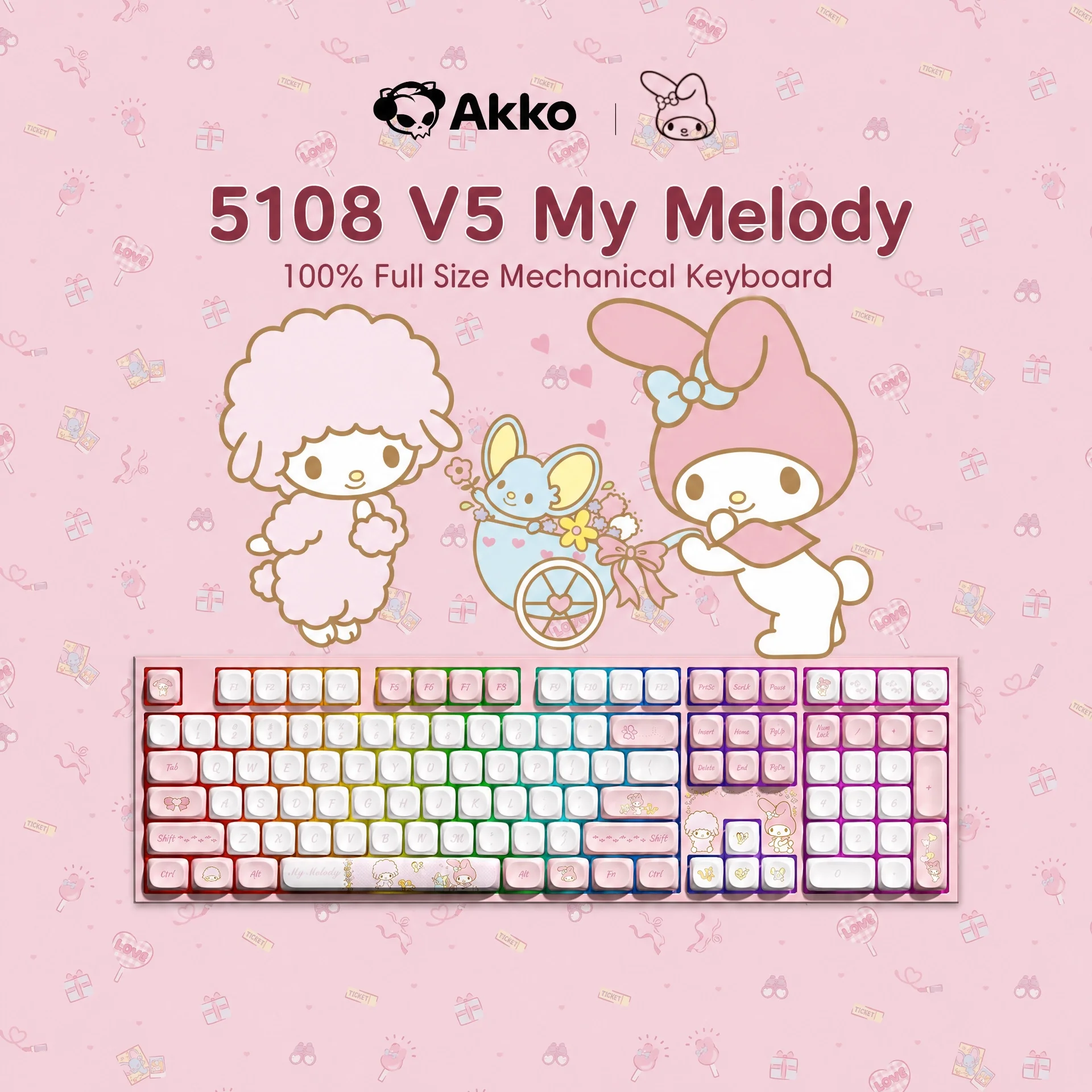 Akko 5108 V5 Mechanical Keyboard My Melody 100% Full Size 1K ARGB Hot-swappable Type-C/2.4G&BT Wireless Custom Gaming Keyboard