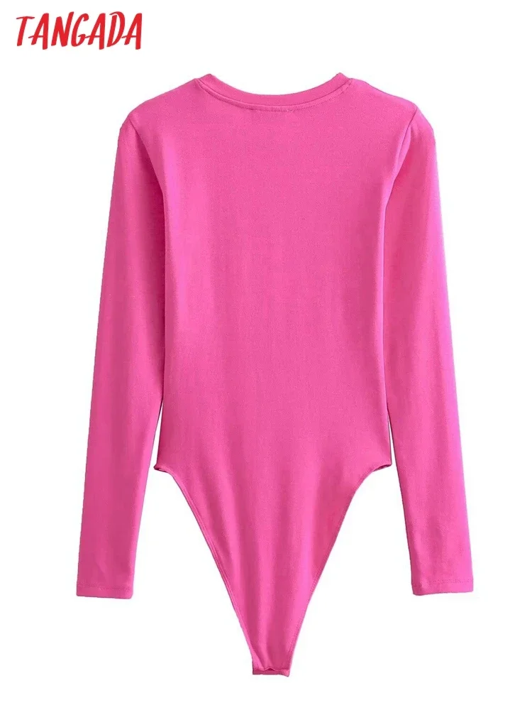 Tangada 2024 Women Pink Slim Bodysuit O Neck Long Sleeve Female Overalls Knitted Bodysuits 6X121