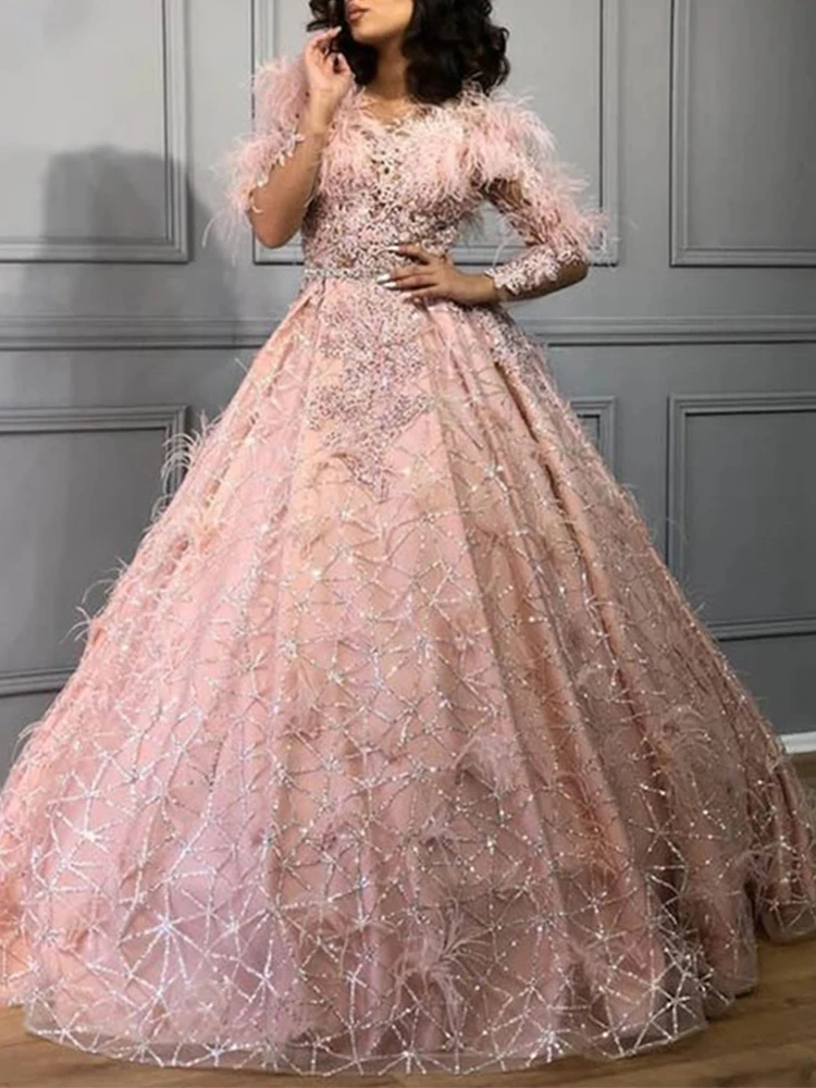 2023 Elegant Princes Pink Prom Dresses Long Sleeves Hand Beaded Feather Evening Gown Sparkly Ball Dresses Vestido Fiesta Noche