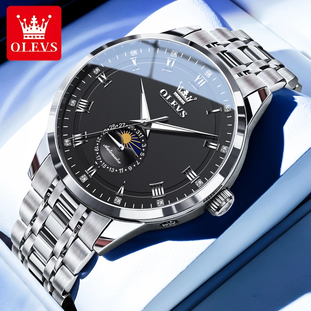OLEVS 7063 القمر المرحلة التلقائي الميكانيكية ساعات رجالية الفولاذ المقاوم للصدأ 30 متر مقاوم للماء ساعة مضيئة الأصلي الفاخرة رجل ساعة #2