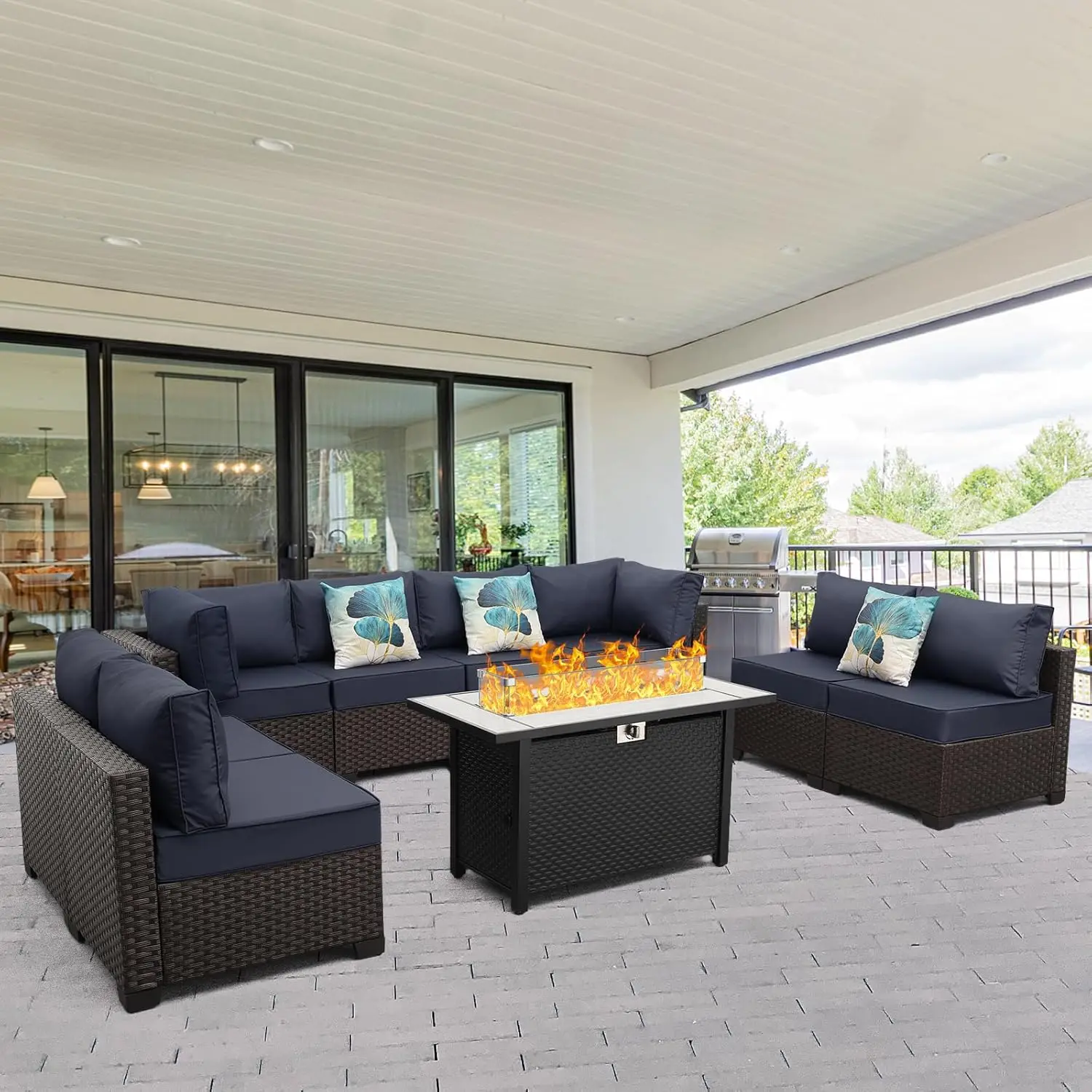 

9 Pieces Wicker Patio Furniture Set Outdoor PE Rattan Sectional Sofa Set with Navy Blue Cushions and 45” Gas fire Pit Table