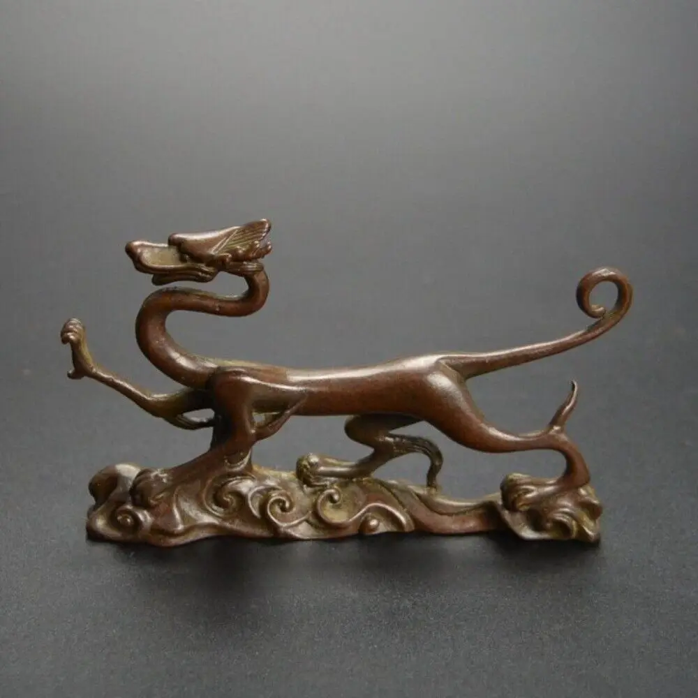 Old Chinese bronze copper handmade Divine beast Qinglong Tea play statue