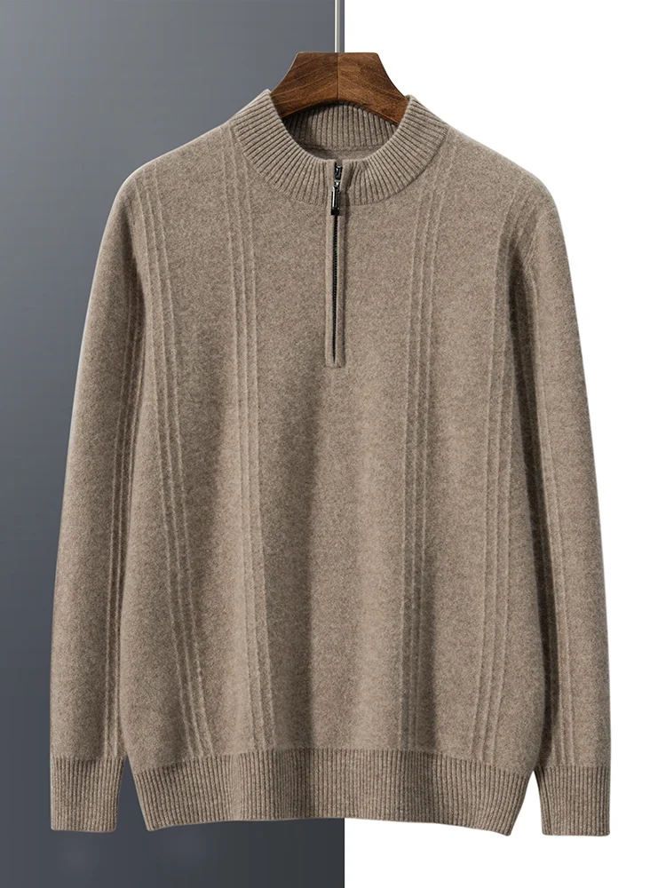 

High Quality Men 100% Cashmere Sweater Half Zipper Mock Neck Retro Long Sleeve Pullover Autumn Winter Smart Casual Cashmere Tops