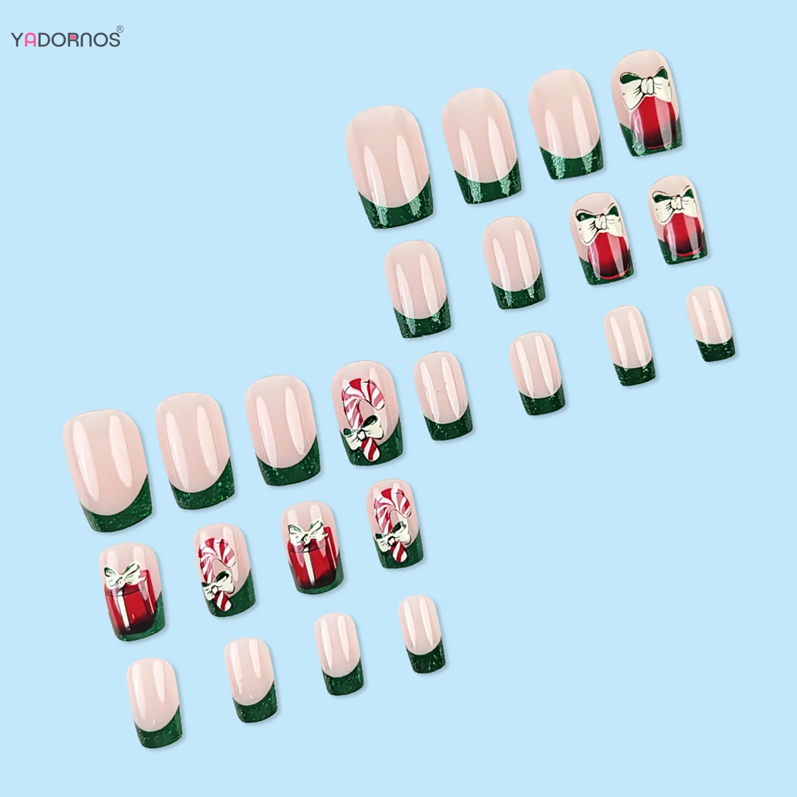 Uñas postizas navideñas para mujeres y niñas, parches de uñas postizas portátiles de estilo francés, verde, con lazo, regalos, 24 piezas