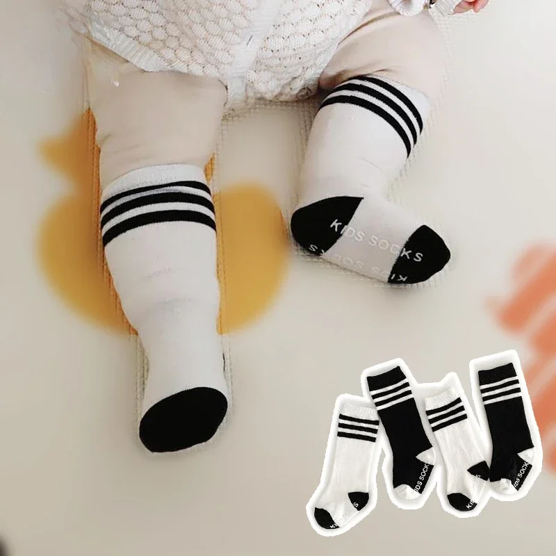 Korean Black White Striped Anti-slip Home Stitch Floor Stocking Spring Autumn Winter Soft Cotton Baby Girls Knee High Long Socks