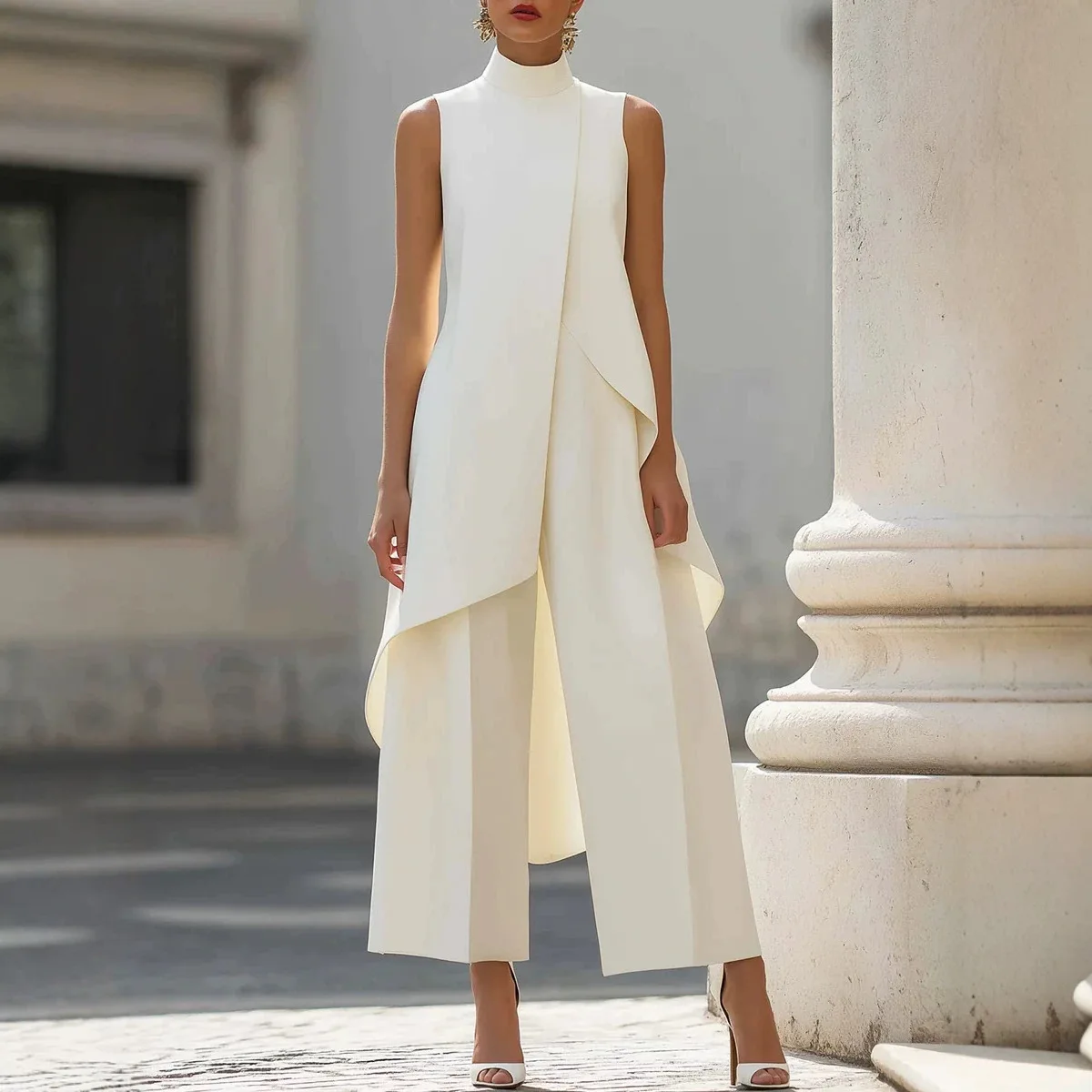 Spring Summer New Women's Sleeveless High Neck Jumpsuit Loose Soft Versatile Trendy Fashion Commute Office Daily Wear Jumpsuit