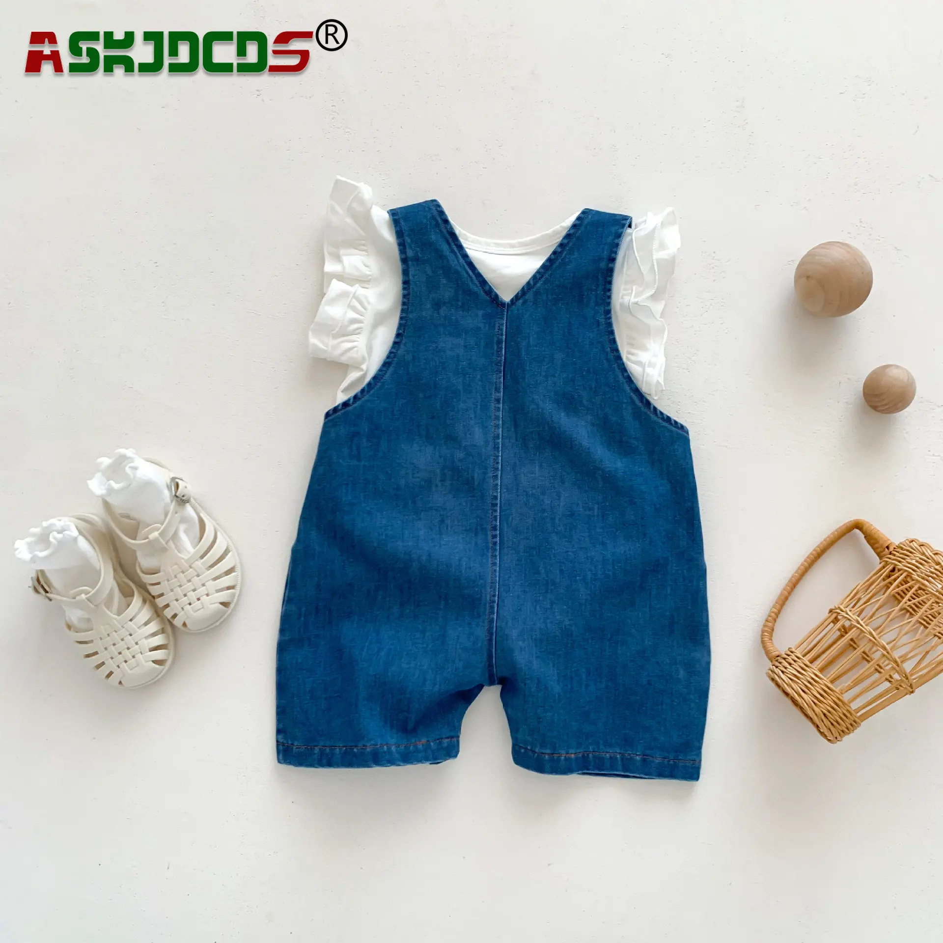 

2023 Summer New In CUTE Clothes Infant Kids Embroidered Bunny Denim Overalls + Fly Sleeve Top Tees Set for Baby Girls