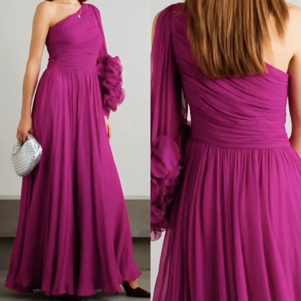 

Chiffon Draped Pleat Ruched Valentine's Day A-line One-shoulder Bespoke Occasion Gown Long Dresses