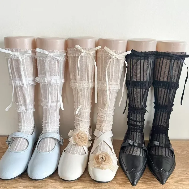 Multi Layered Ruffle Bow Knee High Socks New Arrived Lace Vertical Striped Gold Wire Stockings for Women Sweet Mesh Hosiery