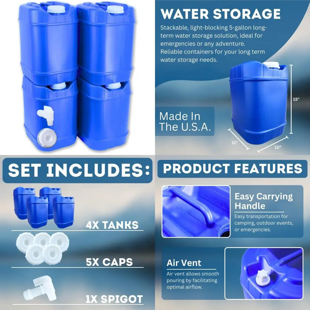 حاويات مياه قابلة للتكديس سعة 5 جالون مع أغطية وحنفية لإمدادات التخزين في حالات الطوارئ